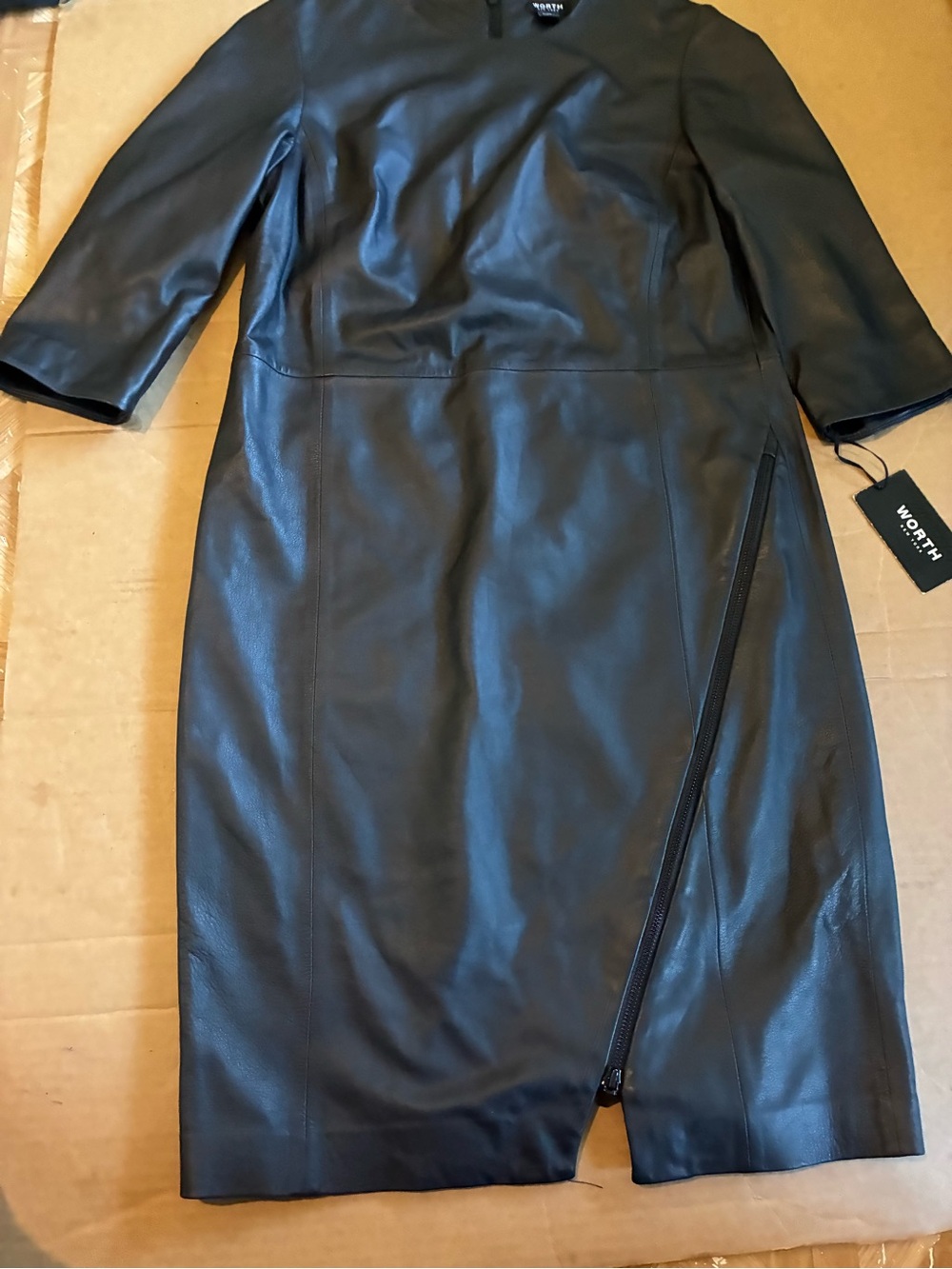 Worth Black Faux Leather Midi Dress with Asymmetrical Zip